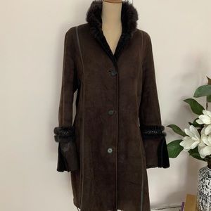 Dennis Basso Genuine Leather Shearling Chocolate Brown Coat Orig $2500 SZ L